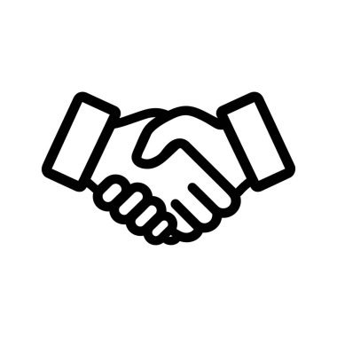 Görüntüde, iki el bir tokalaşma simgesinde birbirine kenetlenir, bu da düz beyaz arka planda bir anlaşmaya işaret eder. Asgari, siyah bir taslak..