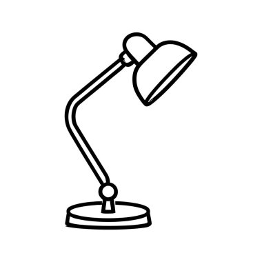 Siyah bir çizim, beyaz arka planda sunulan yuvarlak tabanlı ve hareket ettirilebilir başlıklı metal, ayarlanabilir bir masa lambasını betimler..