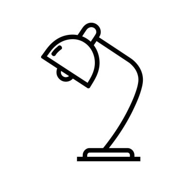 Görüntü, çağdaş bir masa lambasının basit bir siyah taslağını sergiliyor. Lamba kıvrık kollu ve beyaz arka planda sabit tabanlı parlak bir tasarıma sahip..