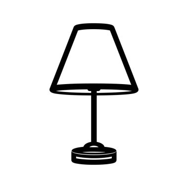 Bu resim, bir masa lambasının basit bir siyah çizgisi, konik bir gölge ve beyaz arkaplanda katı bir taban içerir..