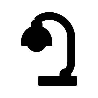 Bir masa lambasının siyah silüeti kıvrımlı bir standı ve yuvarlak bir gölgesi belirgin bir şekilde beyaz bir arka plana karşı sergilenir.