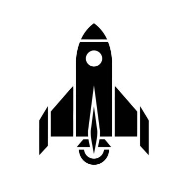 Uçmaya hazırlanan siyah bir roket gösteriliyor, girişimler, yenilikler ve uzay programıyla ilgili bir kavramı vurguluyor; beyaz arkaplan.