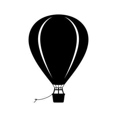 Bir siyah sıcak hava balonu gösterilir, belirgin şekli ve sepetiyle beyaz arka planda açıkça görülebilir, basit zarafetini ön plana çıkarır..