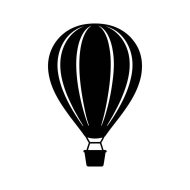 Klasik bir sıcak hava balonunun çarpıcı siyah ve beyaz tasviri, beyaz zemin üzerinde düz kıvrımlar ve tanımlanmış çizgiler ile minimalist tarzda nazikçe süzülür..