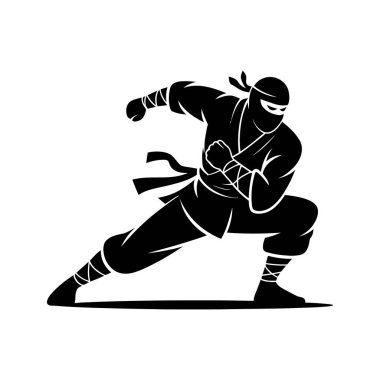 Siyah siluet, orta halli yetenekli bir ninja tasvir ediyor. Bu beyaz arka planda izole edilmiş bir dövüş sanatçısının ustalığını ve hassasiyetini gösteriyor..