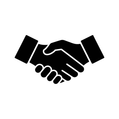 Siyah siluet, iki elin sıkı bir tokalaşmada birbirine kenetlendiğini gösteriyor. Bu simge beyaz arka planda bir anlaşma ve ortaklık sembolü sunar.