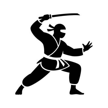Siluet geleneksel bir maske takan bir ninja tasvir ediyor. Elinde bir katana kılıcı var. Japon dövüş sanatlarının özünü somutlaştırıyor..