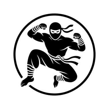 Ninja, vektör formatında kalın çizgilerle çevrelenmiş yumruklarıyla agresif bir şekilde sıçrar. Siyah ve beyaz ikon dairesel çerçevede yetenekli bir dövüş sanatçısını temsil ediyor..