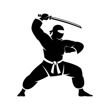 Ninja bir savaşçının silueti agresif bir şekilde savaşıyor, Katana kılıcını kaldırıyor, temiz beyaz bir zemine karşı..