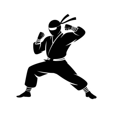 Siyah bir siluet, başlık ve bileklik takan bir ninjayı bembeyaz bir arka planda, yumruklarını sıkarak hazır bir dövüş duruşu içinde tasvir eder..