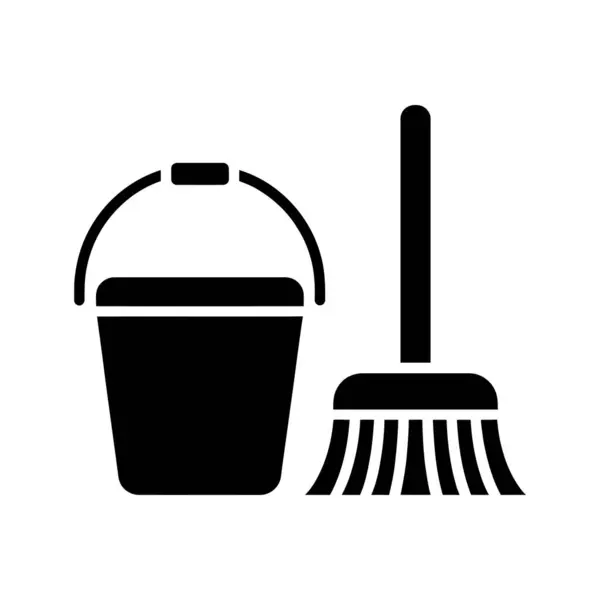 Siyah bir siluet, beyaz arka plana karşı sunulan temizlik, bakım veya ev işi için minimalist bir sembol olan kova ve fırça simgesini gösterir.