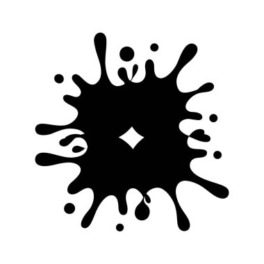 Ortasında beyaz bir elmas olan siyah sıvı sıçraması soyut şekiller oluşturuyor. Bu tek renkli vektör beyaz arka planda modern basitliği sunar..