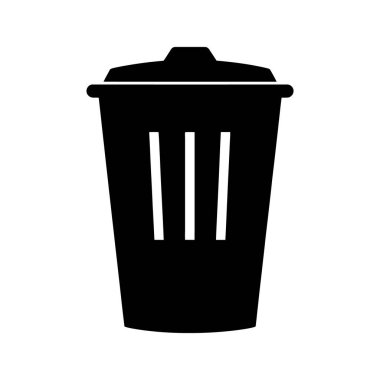 Kapağı olan basit bir siyah çöp tenekesi silueti ve vücutta üç dikey çizgi, temiz beyaz bir arkaplan üzerine kuruludur..