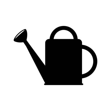 Siyah, minimalist bir sulama tenekesi beyaz arka planda kurulur. İkonun bir çıkıntısı, gövdesi, sapı ve üst tutuşu var..