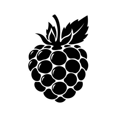 Basit bir grafik, tamamen siyah siluetle bembeyaz arka planda, çeşitli yaratıcı uygulamalar için uygun, yaprakları olan tek bir ahududu ortaya çıkarır..