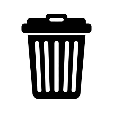 Basit, minimal, düz, koyu renkli bir simge, sade beyaz bir zemin üzerine sergilenen, kabzalı bir kapağı olan siyah bir çöp kutusu tasvir eder..