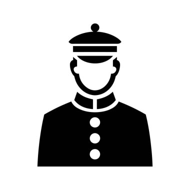 Siyah siluet, geleneksel bir üniforma giyen bir güvenlik görevlisini gösteriyor. Şapkası ve beyaz arka planda üç düğmesi var..