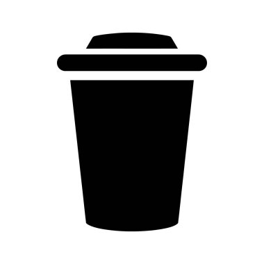 Basit bir siyah siluet, beyaz arka planda genellikle kahve, çay veya diğer içecekler için kullanılan örtülü bir fincan gösterir..