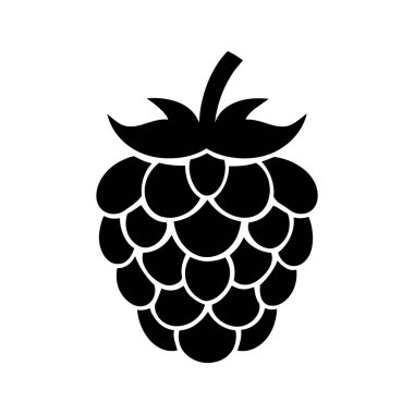 Tek bir siyah siluet, yapraklı stilize ahududu tasvir eder. Bu tasarım, beyaz arka planda meyvenin net, basit ve tanınabilir bir temsilini sunar..