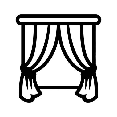 Siyah ve beyaz bir taslak, perdeleri zarif bir şekilde arkadan bağlanmış, temiz, beyaz bir arkaplan üzerine kurulmuş, stilize bir pencere sunar..