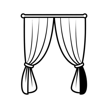 Siyah ve beyaz çizgili sanat eseri simetrik perdeleri düzgünce geri bağlıyor, kumaşın zarif örtüsünü temiz beyaz arka planda ortaya çıkarıyor.