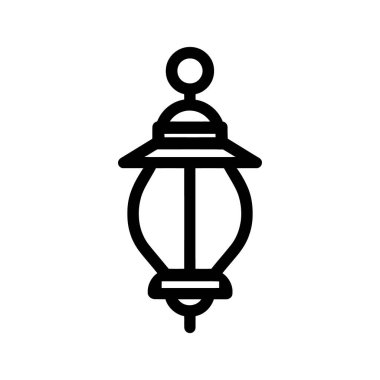 Süslü asılı fener, siyah çizgili, geleneksel doğu cazibesini bembeyaz arkaplana karşı çağrıştıran ve düz bir vektör çizimi sunar.