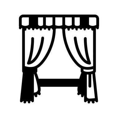 Beyaz arka planda perdeleri izole edilmiş siyah kubbeli yatak ikonu. Perdeler bu minimalist çizimde samimi bir alan oluşturuyor..