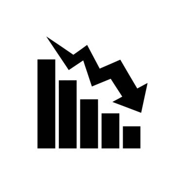 Aşağı inen oklu siyah grafik simgesi negatif bir eğilim gösterir. Bu durum, beyaz bir arkaplanda kaybın resmedildiği mali bir çöküş anlamına geliyor.
