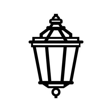 Siyah çizgi sanatı süslemeli bir sokak lambasını bembeyaz bir zemin üzerinde asılı olarak tasvir eder, simge veya minimalist kullanım için uygundur..