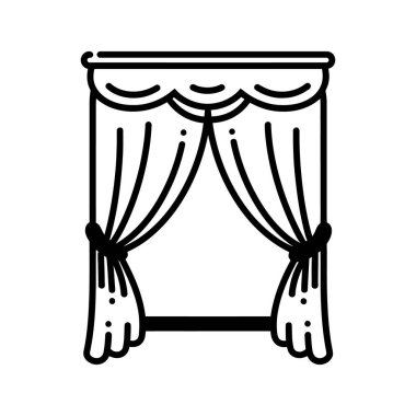 Siyah çizgi vektör sanatı, arkasında beyaz bir arka plan olan açık bir perde gösteriyor. Sanat eserleri basitlik ve zarafet taşır..