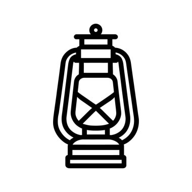 Siyah çizgi sanatı, temiz beyaz arkaplan üzerinde basit ama zarif bir simge sunan farklı özelliklere sahip klasik bir gazyağı lambasını gösteriyor..