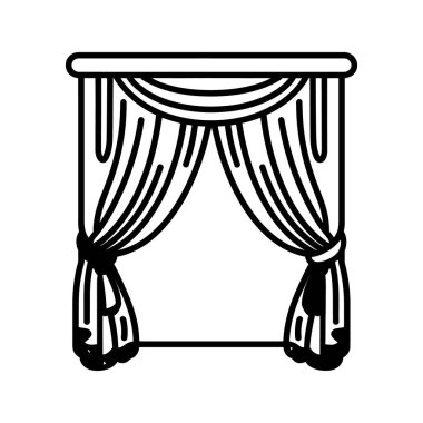 Siyah çizgiler dekoratif bir çubuğa asılı bir perdeyi gösteriyor. Çizilmiş perde şekli alt kısımda beyaz bir arkaplan ile örtülmüş ve düğümlenmiştir.