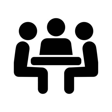 Siyah tek renkli sembol, dikdörtgen bir masanın etrafında oturan üç kişiyi gösteriyor. Bu da bir toplantı veya tartışma senaryosunu gösteriyor. Arkaplan beyaz.