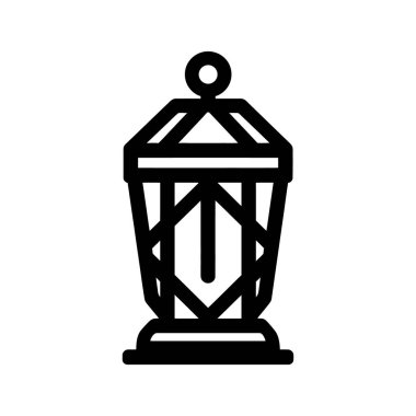 Bu resim bir fenerin siyah dış hatlarını gösteriyor. Fenerin karmaşık bir tasarımı var ve temiz beyaz bir arka plana karşı duruyor..