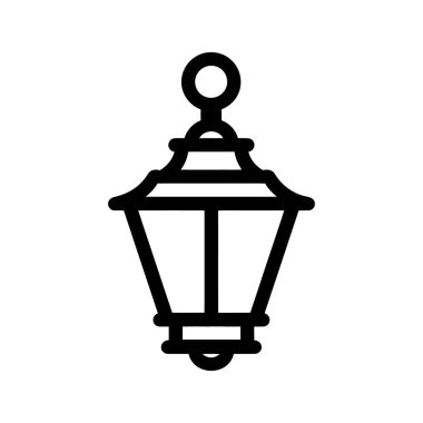 Siyah ana hat beyaz arka planda asılı klasik bir sokak fenerini gösteriyor. Fenerin üstünde süspansiyon için yuvarlak bir tutacağı var..