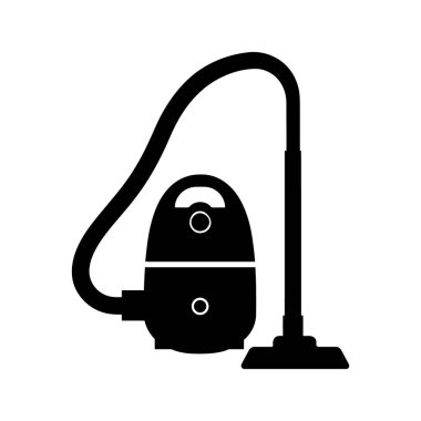Siyah siluet, çok yönlü kullanım için temiz beyaz arkaplan üzerine kurulmuş, yukarı doğru uzanan bir hortumu olan bir elektrik süpürgesi gösteriyor..