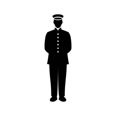 Siyah siluet, beyaz arka planda üniformalı, ayakta duran bir figür gösteriyor. Tüm vücut silueti, düğmeli ceket ve uyumlu pantolon giymiş, kendine has bir şapkayla tamamlanmış birini gösteriyor..