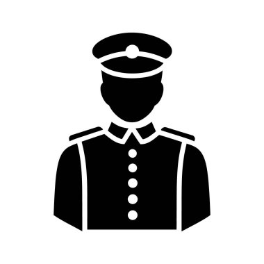 Üniformalı bir memurun ya da güvenlik görevlisinin silueti beyaz bir fonda siyah bir şapka takıyor..