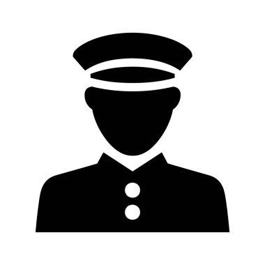 Siyah siluet, üniformalı birinin şapka giydiğini ve beyaz arka planda iki düğme olduğunu gösteriyor..