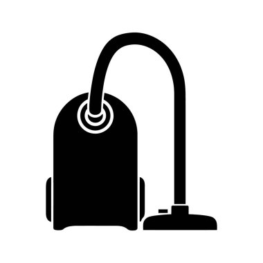 Siyah elektrikli süpürge ikonu, genellikle yer temizliği için kullanılan temel ev aletlerini sergiler, beyaz arka planda basit bir sembol sağlar.