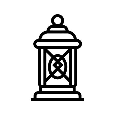 Bir siyah çizgi çizimi, beyaz arkaplana karşı basit bir şekli ve klasik tasarımı olan klasik bir feneri gösteriyor..