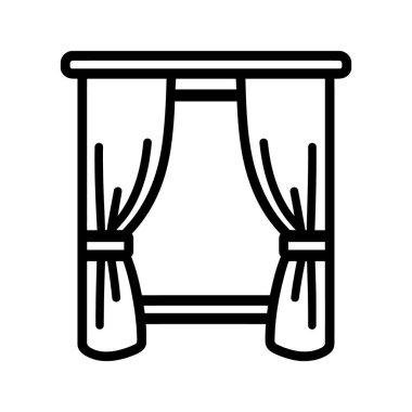 Perdeli açık pencere beyaz arkaplana karşı basit bir siyah dış hat sunar, minimalist tarzda mimari unsurlar sergilenir.