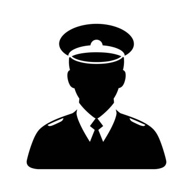 Bir adamın silüeti, kravat ve şapka takan bir üniforma giyerken gösterilir. Arkaplan beyaz.