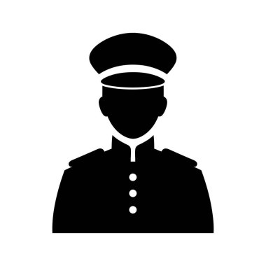 Silüet görüntüsü, zirve yapmış ve resmi üniformalı düğmeli bir polis memurunu gösteriyor. Subay siyahla tasvir edilmiş ve arka plan da bembeyaz..