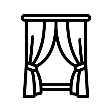 Asılı basit perdeler siyah çizgi sanat tarzında gösterilir, beyaz arkaplanda görüntülenir.