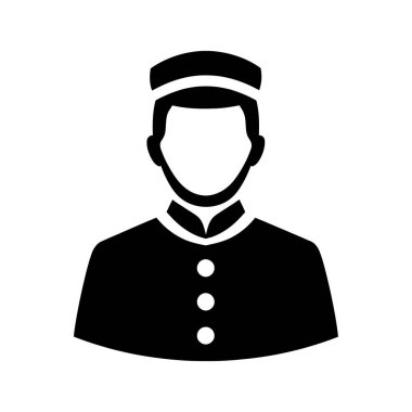 Siyah ve beyaz piktogram, klasik üniformasıyla tanınan bir otel belboyu sunar. Beyaz arka planda, şık bir şapkayla tamamlanmış..