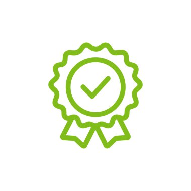 İzole edilmiş yeşil çizgili bir sanat rozetinde onay ya da doğruluğu gösteren merkezi bir işaret bulunur. Rozet, şeritlerle ve şeffaf arka planda tırtıklı kenar ile detaylandırılmış..