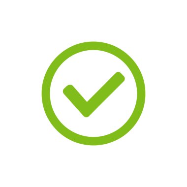 Yeşil bir çember içinde, saf beyaz bir arkaplan üzerinde yeşil bir işaret var. Pozitif doğrulama ya da doğrulamayı açıkça gösteriyor..