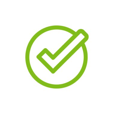 Vektör, basit, çağdaş, parlak yeşil bir işaret gösteriyor. Dairesel bir ana hat içine yerleştirilmiş, temiz beyaz bir tuval üzerinde anlaşma ya da doğrulama göstermektedir..