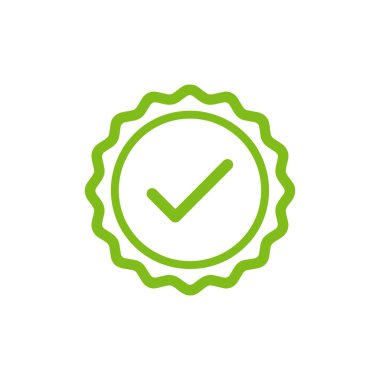 Yeşil bir işaretleme işareti dairesel, hafif tırtıklı bir kenar içinde oturur; tüm resim temiz beyaz arka planda yeşil tonlarda oluşturulur.